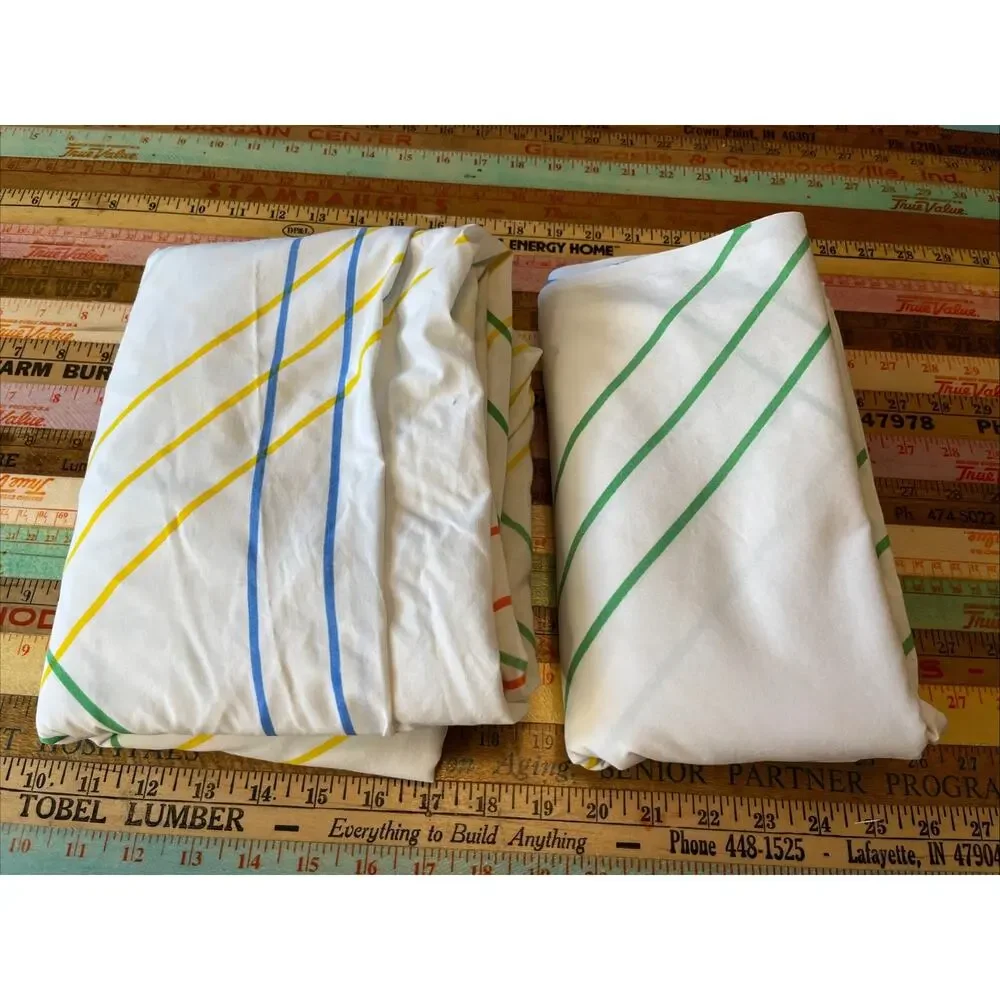VTG 1980s Marimekko by Dan River 80s Striped Primary Double Flat & Fitted 2 Pcs